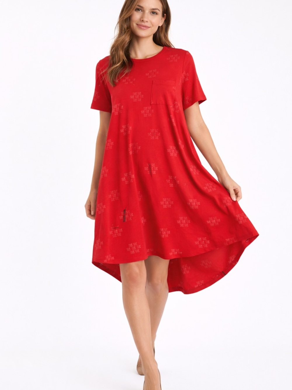 LulaRoe Carly Dress Red Geometric Print Size M Swing Pocket Tee Dress